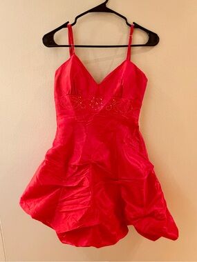 Red Spaghetti-Strap Mini Dress with Embellished Waist